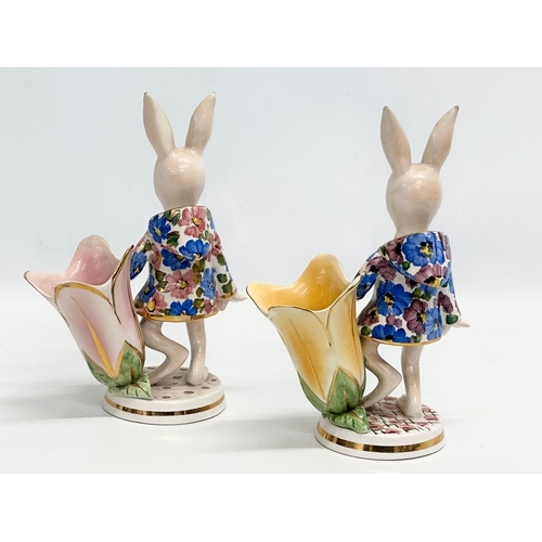 506 - A pair of Italian pottery rabbit spill vases. 24cm