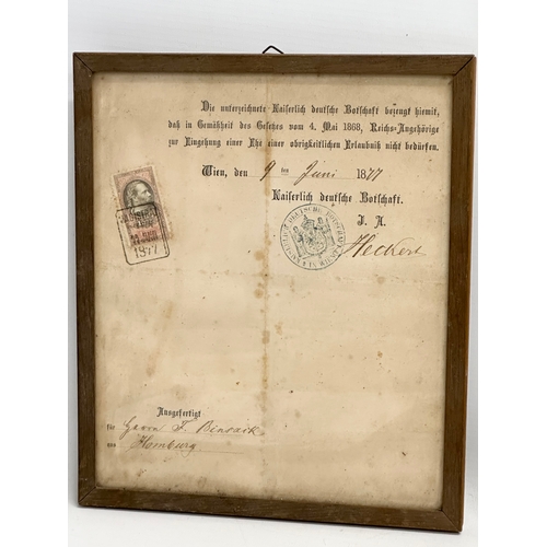 502 - A collection of 19th Century German certificates. Imperial German Embassy marriage  certificates etc... 