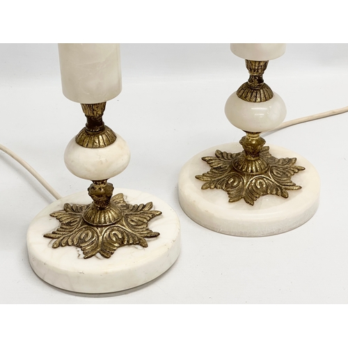 511 - A pair of tall Mid 20th Century brass and marble table lamps. 67cm with shades.