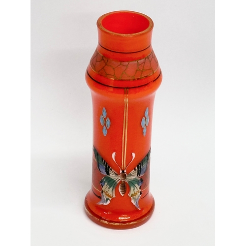 327 - 2 pieces of Early 20th Century Bohemian glass. A tango glass vase with hand painted enamelled butter... 