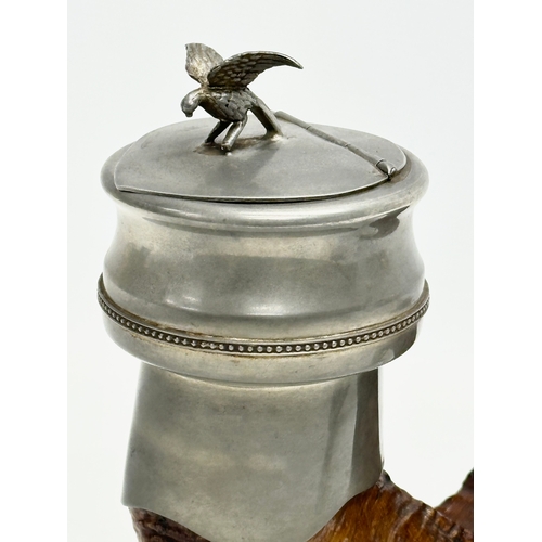 34 - A Late 19th Century Wilson & Co Sharrow rams horn table snuff mull with pewter mounts and spoon. 28x... 