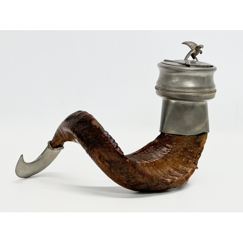 34 - A Late 19th Century Wilson & Co Sharrow rams horn table snuff mull with pewter mounts and spoon. 28x... 