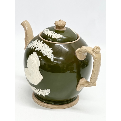 191 - A Late 19th Century Queen Victoria Jubilee moulded relief teapot. Copeland Late Spode. 24x15x19cm.