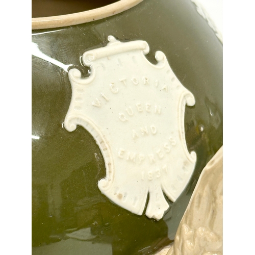 191 - A Late 19th Century Queen Victoria Jubilee moulded relief teapot. Copeland Late Spode. 24x15x19cm.