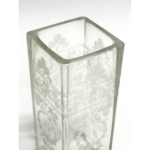 193 - A Late 19th Century etched square glass vase. 5.5x5.5x13cm.