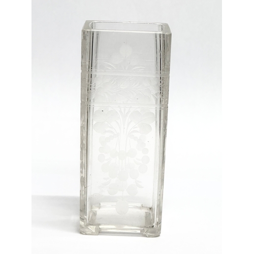 193 - A Late 19th Century etched square glass vase. 5.5x5.5x13cm.