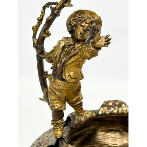 9 - A large 19th Century, French bronze and gilt spelter sculpture/basket, with playing boy on a branch ... 