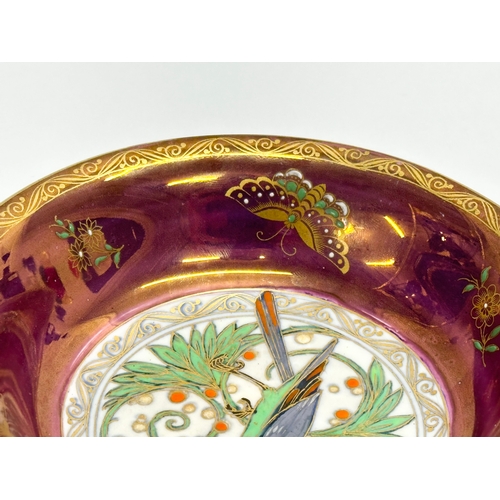 12 - A 1930’s Mintons lustre bowl. Hand painted, with enamel butterflies and bird design. 14x3cm.