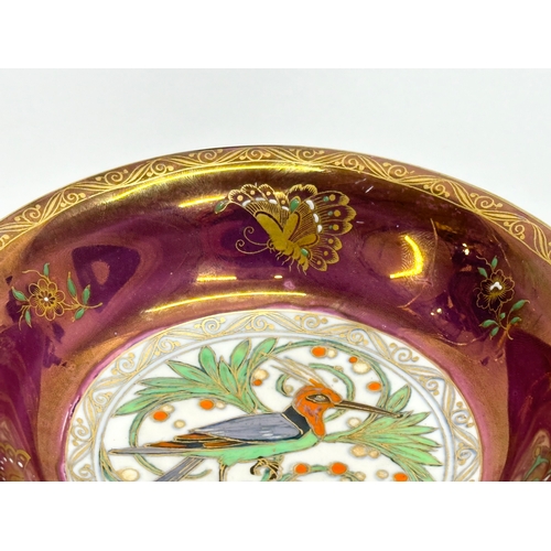 12 - A 1930’s Mintons lustre bowl. Hand painted, with enamel butterflies and bird design. 14x3cm.