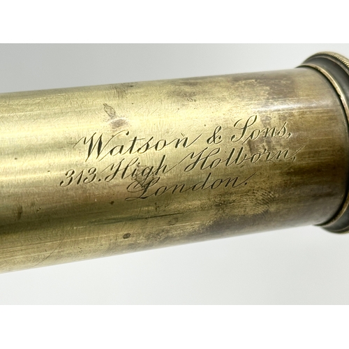 41 - Watson & Sons. A 19th Century 5 draw brass and leather bound telescope on a brass and iron tripod ba... 