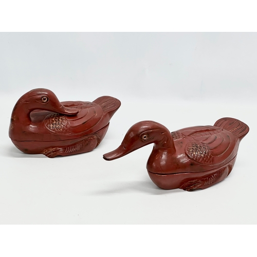 47 - A pair of Chinese Late Qing Dynasty wooden lacquered duck boxes/egg holders. Early 20th Century. 32c... 