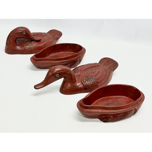 47 - A pair of Chinese Late Qing Dynasty wooden lacquered duck boxes/egg holders. Early 20th Century. 32c... 