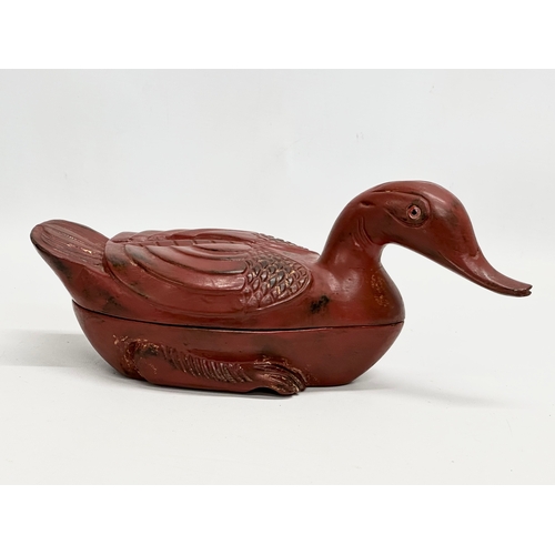 47 - A pair of Chinese Late Qing Dynasty wooden lacquered duck boxes/egg holders. Early 20th Century. 32c... 