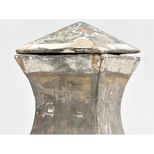 7 - Han Dynasty (206BC-220AD) A large Chinese Fanghu vase with cover. With watercolour painted details o... 