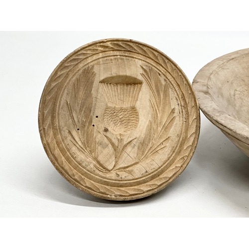 44 - A Late 19th Century Irish butternut bowl, together with an Irish butter stamp pad and flour scoop. B... 