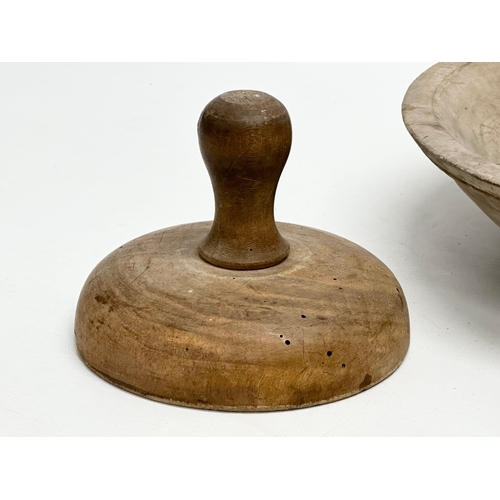 44 - A Late 19th Century Irish butternut bowl, together with an Irish butter stamp pad and flour scoop. B... 