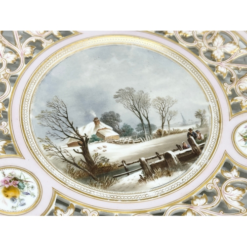 79 - A fine quality unmarked 19th Century hand painted cabinet plate. With gilt reticulated rim and farm ... 