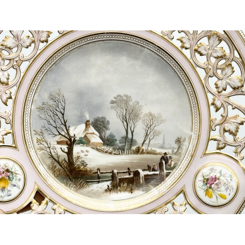 79 - A fine quality unmarked 19th Century hand painted cabinet plate. With gilt reticulated rim and farm ... 