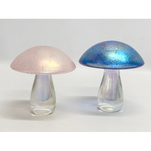 218 - A collection of Late 20th Century iridescent art glass by Heron Glass. 2 mushrooms and 2 ducks. 14x1... 