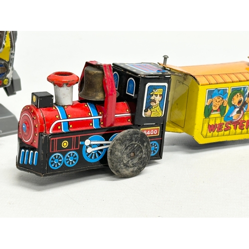 728 - Vintage tinplate toys etc. a Japanese windup robot, a Japanese Western Express tinplate train. A C.J... 