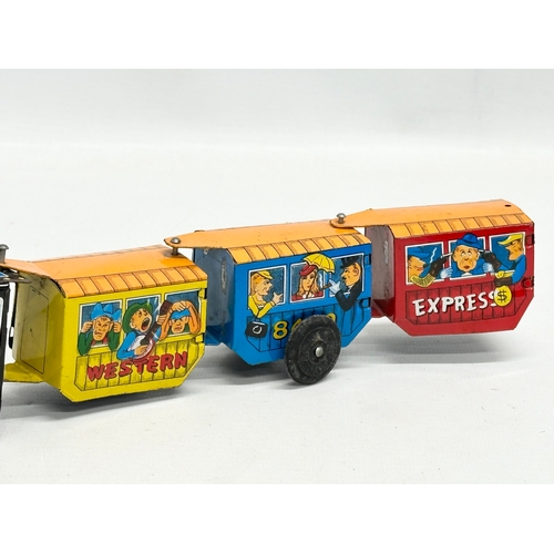 728 - Vintage tinplate toys etc. a Japanese windup robot, a Japanese Western Express tinplate train. A C.J... 