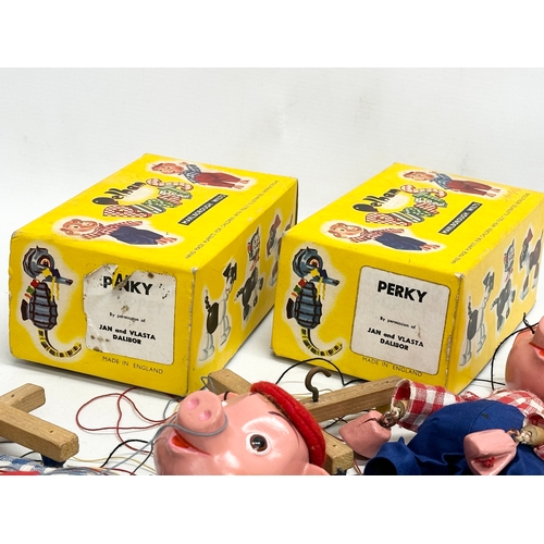 774 - Vintage puppets. A 1960’s Chad Valley Sooty hand puppet. 2 Perky Pelham Puppets with boxes.