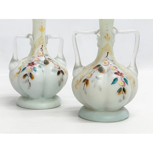 381 - A pair of Late 19th Century Harrach style, hand painted opaline glass vases. 21cm.