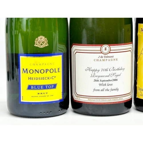 664 - 5 bottles of champagne and wine. Heidsiech & Co Monopole Blue Top etc.