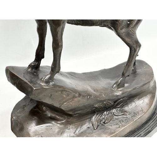 3 - A pair of large bronze stags on marble bases, after J. Moignier. 34x19x66cm