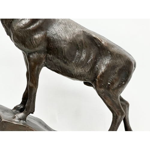 3 - A pair of large bronze stags on marble bases, after J. Moignier. 34x19x66cm