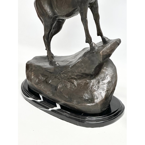 3 - A pair of large bronze stags on marble bases, after J. Moignier. 34x19x66cm