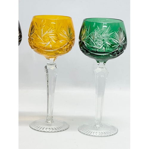 201 - Beyer & Co. A set of 6 multicoloured pinwheel cut hock glasses/wine glasses. 20cm