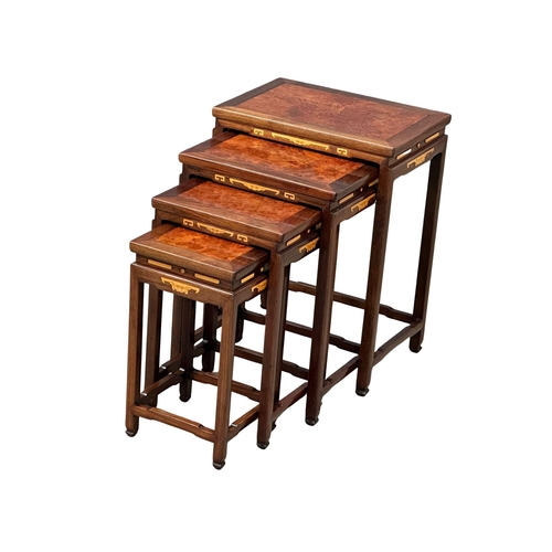 889 - A good quality Chinese inlaid padauk nest of tables, with burr elm panel tops and satinwood inlay. T... 