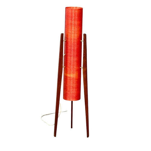 11 - A Mid Century teak Rocket Lamp with fibre glass shade. 122cm