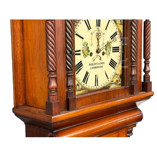 113 - Roberts & Owen, Carnarvon. A large William IV mahogany grandfather clock/long cased clock. With weig... 