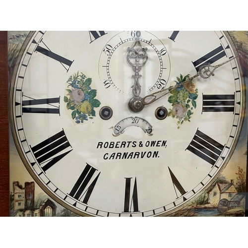 113 - Roberts & Owen, Carnarvon. A large William IV mahogany grandfather clock/long cased clock. With weig... 