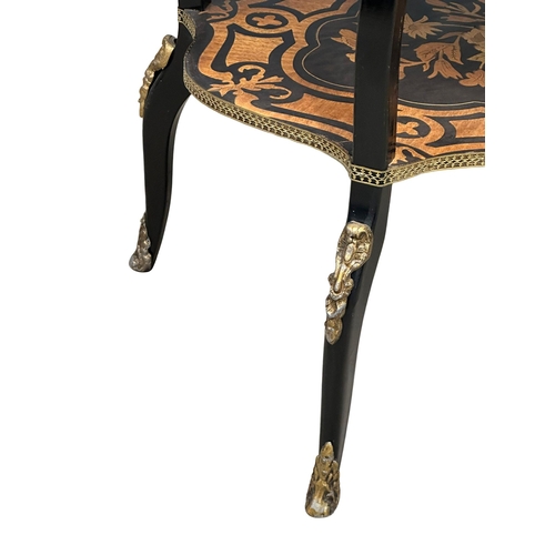 159 - A 19th Century French inlaid, 3 tier etagere with brass ormolu mounts. 55x41x75cm