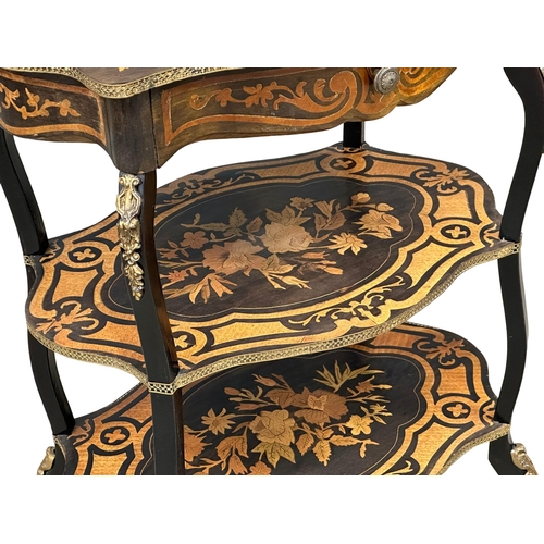 159 - A 19th Century French inlaid, 3 tier etagere with brass ormolu mounts. 55x41x75cm