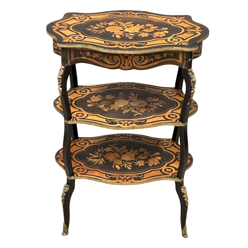 159 - A 19th Century French inlaid, 3 tier etagere with brass ormolu mounts. 55x41x75cm