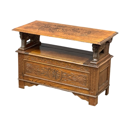 294 - A 19th Century Victorian oak combination hall bench/hall table. Bench 101x43x101cm. Table 107x48x71c... 