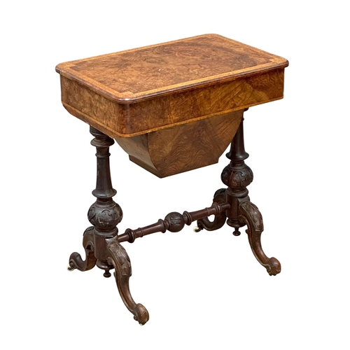 38 - A 19th Century Victorian burr walnut work table/side table, with maple interior drawer and carved ba... 