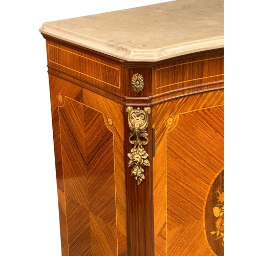 39 - A good quality French 18th Century style inlaid kingwood side cabinet, with marble top, gilt brass m... 