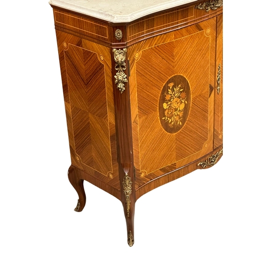 39 - A good quality French 18th Century style inlaid kingwood side cabinet, with marble top, gilt brass m... 