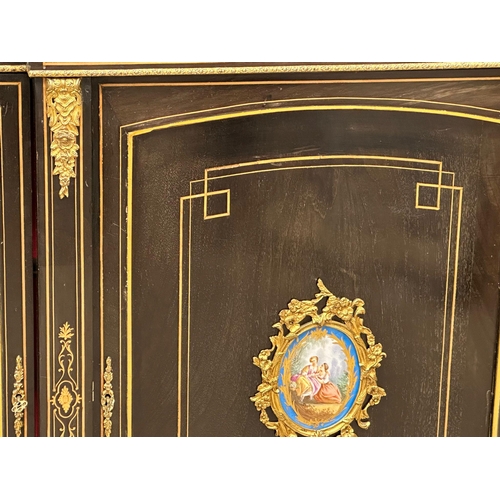 50 - A 19th Century Victorian inlaid credenza with gilt brass mounts and painted porcelain panel door. 15... 