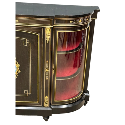 50 - A 19th Century Victorian inlaid credenza with gilt brass mounts and painted porcelain panel door. 15... 