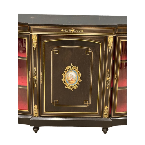 50 - A 19th Century Victorian inlaid credenza with gilt brass mounts and painted porcelain panel door. 15... 