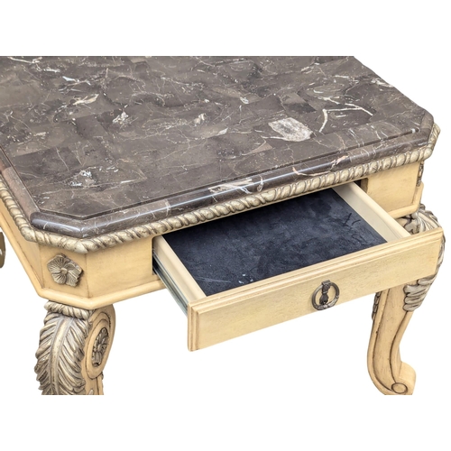 949 - A pair of ornate side tables with constituted marble top on Cabriole legs. 75x75x62cm