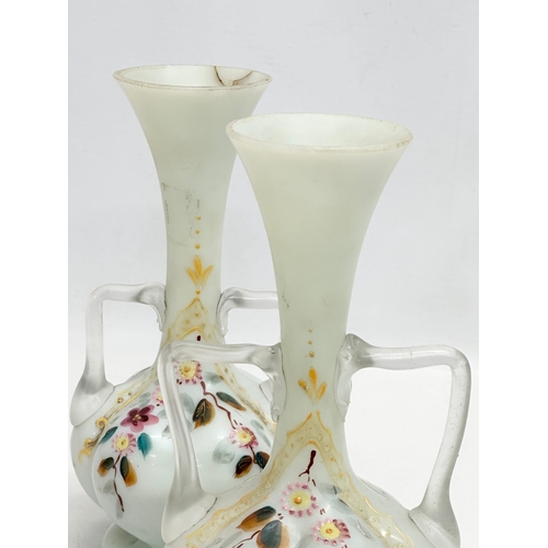 381 - A pair of Late 19th Century Harrach style, hand painted opaline glass vases. 21cm.