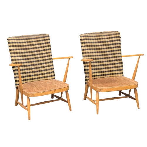 1002 - A pair of Ercol style Mid Century Blonde elm and beech armchairs. (6)