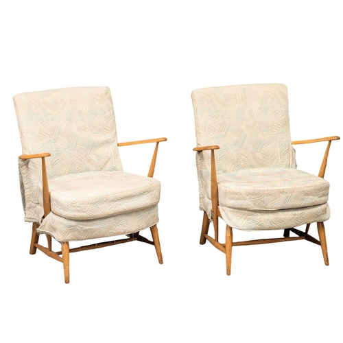 1002 - A pair of Ercol style Mid Century Blonde elm and beech armchairs. (6)